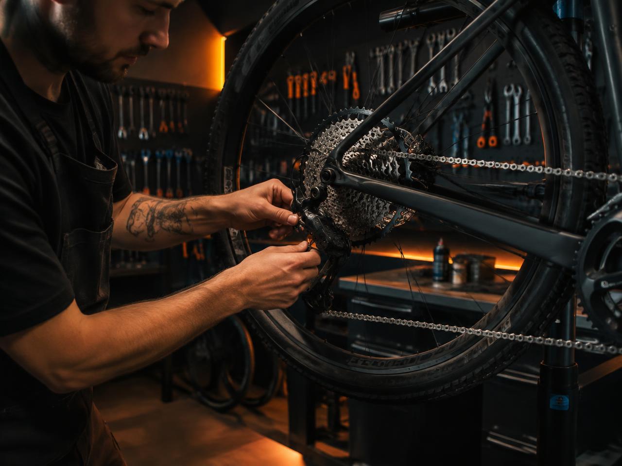 Mecânico ajustando o câmbio de uma bicicleta na oficina